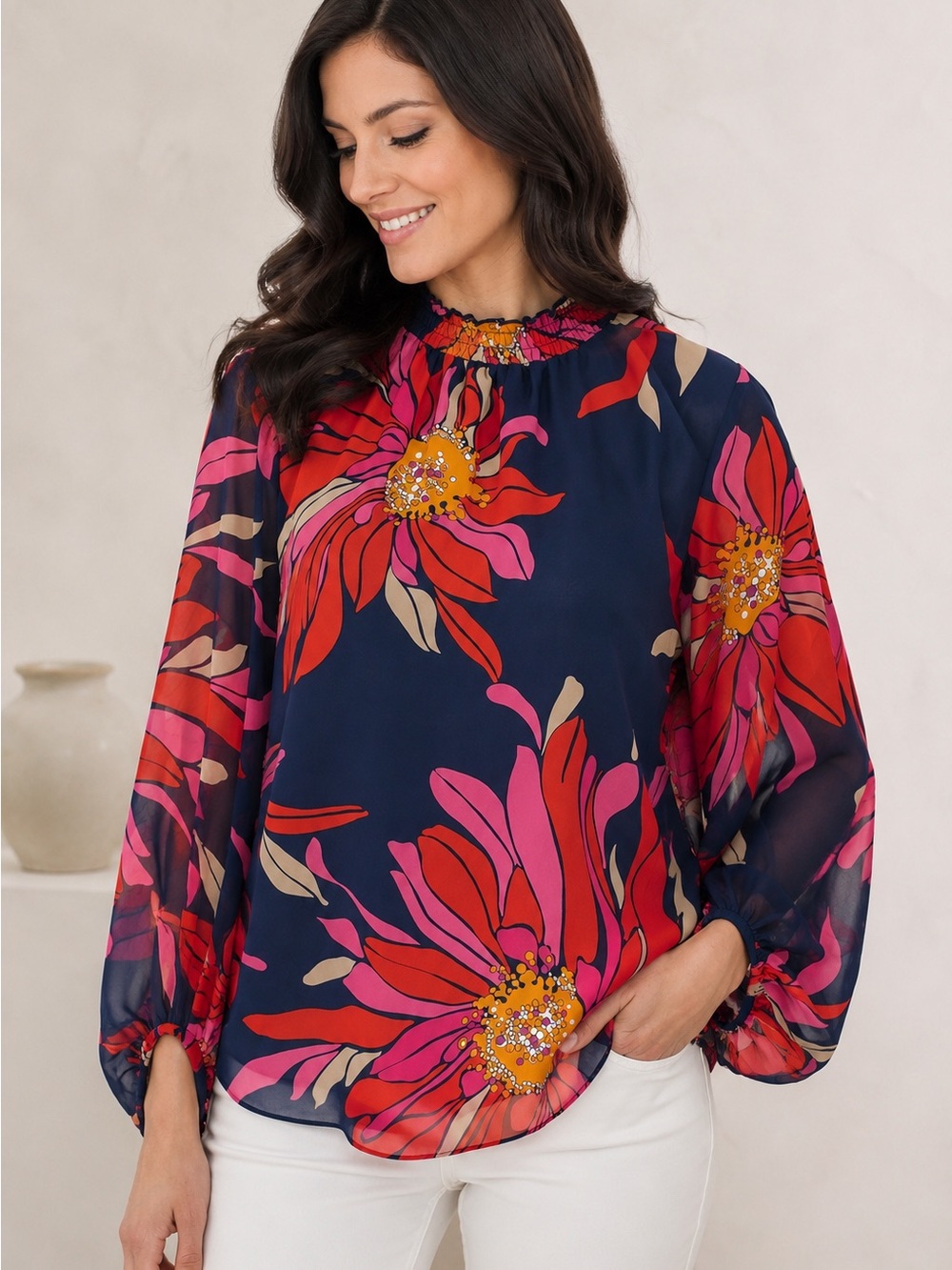 Trina Turk Floral Sheer Blouse Navy Pink Mock Neck Long Sleeve Size XS Flowy